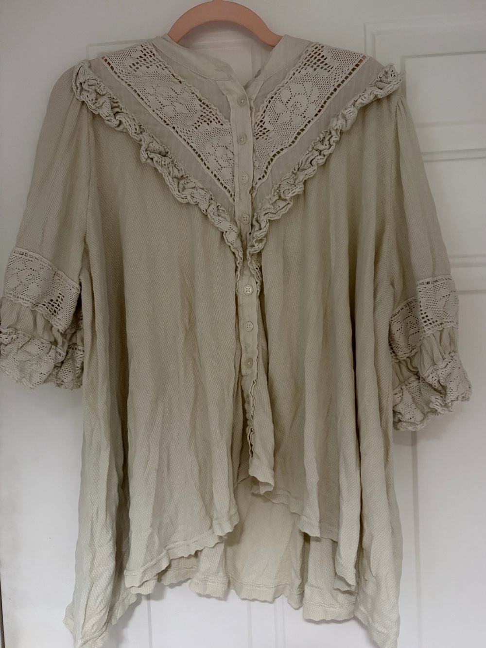 Free People Ivory Lace Ruffle Button-Front Blouse - Picture 2 of 6